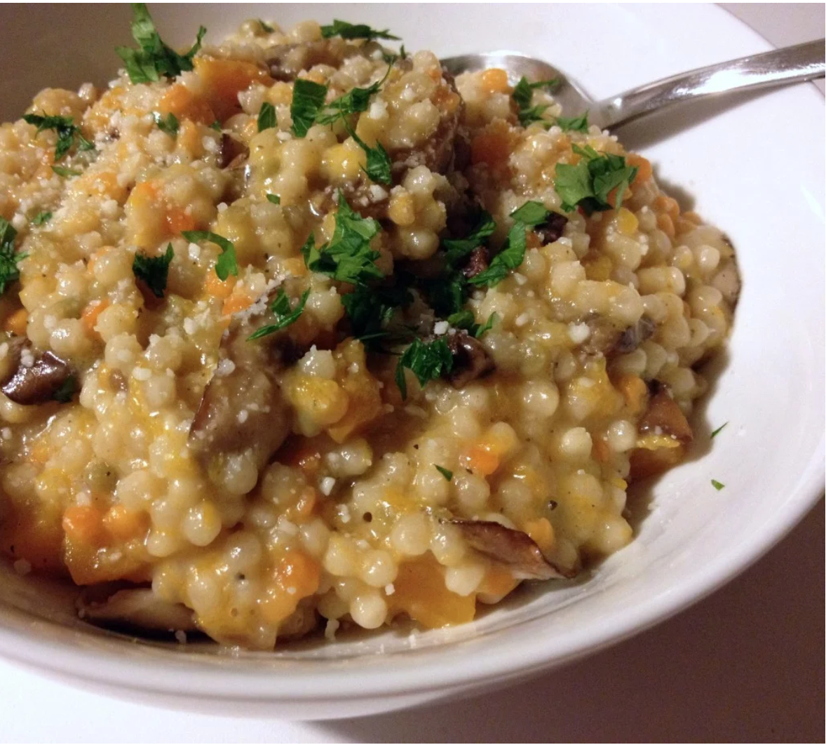 pulpo a la vinagreta o salpicón de pulpo con Risotto de cuscus con calabaza y hongos